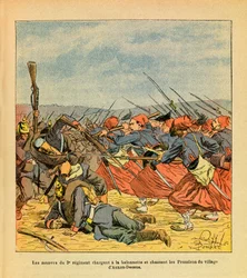 Eugene Sergeantin itäinen armeija, kuten Grenest, kuvittanut Louis Bombled (1862-1927) (Ranskan ja Saksan sota; kampanja 1870-1871): 3. rykmentin zouavit syöksyvät baionettia ja ajavat preussilaiset pois kylästä Auxon-Dessus aikana t