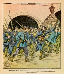 Eugene Sergeantin itäinen armeija, kuten Grenest, kuvittanut Louis Bombled (1862-1927) (Ranskan ja Saksan sota; kampanja 1870-1871): Epinalin taistelujen aikana lokakuussa 1870 luutnantti Enard käveli innokkaasti vihollisen edessä johti hänen kanssaan Nati