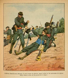 Eugene Sergeantin itäinen armeija, joka tunnetaan nimellä Grenest, kuvannut Louis Bombled (1862-1927) (Ranskan ja Saksan sota; kampanja 1870 -1871): Nuits Saint Georgesin taistelu, Rhônen 2. legioonan vaateupseeri Deloupy ottaa kiväärin ja