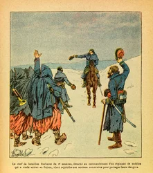Eugène Sergeantin, Grenestinä tunnetun kirjailijan, Itäinen armeija, kuvittanut Louis Bombled (1862-1927) (Ranskan-Saksan sota; vuosien 1870-1871 sotaretki): 4. zuav rykmentin Barberet-pataljoonien komentaja määrätään johtamaan liikkuvan kaartin