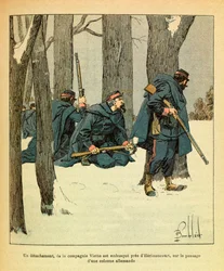 Eugene Sergeantin itäinen armeija, joka tunnetaan nimellä Grenest, kuvannut Louis Bombled (1862-1927) (Ranskan ja Saksan sota; kampanja 1870 -1871): Tammikuussa 1871 Viette-komppanian osasto joutui väijytyksiin Herimoncourtin lähellä käytävällä saksalaises
