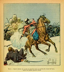 Grenest-nimellä tunnetun Eugène Sergeantin itäinen armeija, kuvittanut Louis Bombled (1862-1927) (Saksan-Ranskan sota; sotaretki 1870-1871): tammikuu 1871, eversti De Vezetin palveluksessa oleva musta ratsumies antaa kuoliniskun haavoittuneelle
