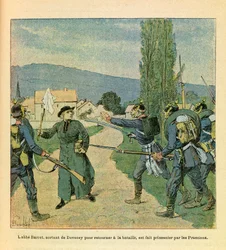 Eugene Sergeantin itäinen armee, joka tunnetaan nimellä Grenest, kuvannut Louis Bombled (1862-1927) (Ranskan ja Saksan sota; kampanja 1870-1871): Abbe Barret, joka lähti Deveceystä liittyäkseen ranskalaisiin, joutui preussilaisten vangiksi taistelujen aika