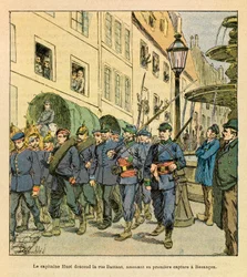 Eugene Sergeantin itäinen armeija, joka tunnetaan nimellä Grenest, kuvannut Louis Bombled (1862-1927) (Ranskan ja Saksan sota; kampanja 1870-1871): Kapteeni Huot laskeutuu Rue Battantille Besanconissa preussilaisten vankien kanssa, jotka on vangittu Bethon