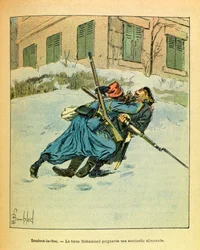 Eugene Sergeantin itäinen armee, joka tunnetaan nimellä Grenest, kuvannut Louis Bombled (1862-1927) (Ranskan ja Saksan sota; kampanja 1870 -1871): Dombrot Le Secissä turkkilainen Mohammed puukotti saksalaista vartijaa, Yksityinen kokoelma