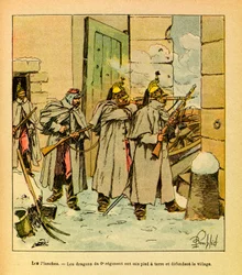 Eugene Sergeantin itäinen armee, joka tunnetaan nimellä Grenest, kuvannut Louis Bombled (1862-1927) (Ranskan ja Saksan sota; kampanja 1870 -1871): Les Plchesin kylässä kuudennen rykmentin lohikäärmeet puolustavat kylää. Osittainen