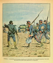 Eugene Sergeantin itäinen armeija, joka tunnetaan nimellä Grenest, kuvannut Louis Bombled (1862-1927) (Ranskan ja Saksan sota; kampanja 1870 -1871): Lantenayn taistelu marraskuussa 1870, Aveyron-matkapuhelimet ilman havresaceja menevät viholliselle kantama