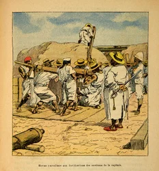 Madagaskarin sota - Henri Galli dit Galllichet (1854-1922) ranskalaisten tutkimusretkien anekdoottinen historia, kuvittanut Louis Bombled (1862-1927): Hovas työskentelee pääkaupungin linnoituksissa vuonna 1895, yksityinen kokoelma