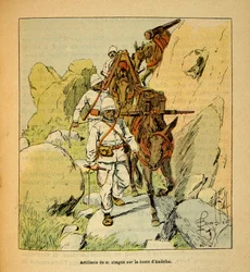 Madagaskarin sota - Henri Galli dit Galllichetin (1854-1922) ranskalaisten tutkimusretkien anekdoottinen historia, kuvittanut Louis Bombled (1862-1927): Vuoristotykistö Andriba-tiellä Madagaskarille vuonna 1895, yksityinen kokoelma