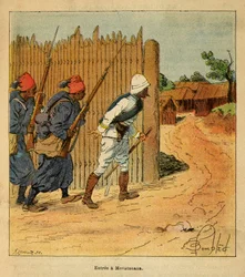 Madagaskarin sota - Henri Galli dit Galllichetin (1854-1922) ranskalaisten tutkimusretkien anekdoottinen historia, kuvittanut Louis Bombled (1862-1927): Ranskan joukot saapuivat Mevatananan kylään vuonna 1895, yksityinen kokoelma