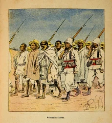 Madagaskarin sota - Henri Galli dit Galllichet (1854-1922) ranskalaisten tutkimusretkien anekdoottinen historia vuosina 1885-1895, kuvittanut Louis Bombled (1862-1927): Hovas-vangit vuonna 1895, yksityinen kokoelma