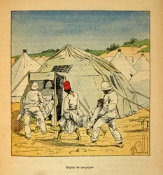 Madagaskarin sota - Henri Galli dit Galllichetin (1854-1922) ranskalaisten tutkimusretkien anekdoottinen historia, kuvittanut Louis Bombled (1862-1927): Sotilaskenttäsairaala Madagaskarilla vuonna 1895, yksityinen kokoelma