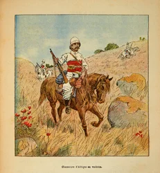 Madagaskarin sota - Henri Galli dit Galllichet (1854-1922) ranskalaisten tutkimusmatkojen anekdoottinen historia vuosien 1885-1895, kuvittanut Louis Bombled (1862-1927): Afrikan metsästäjä tiedustelemassa Madagaskarilla vuonna 1895, yksityinen kokoelma