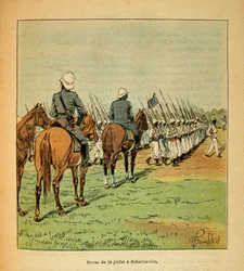 Madagaskarin sota - Henri Galli dit Galllichetin (1854-1922) ranskalaisten tutkimusretkien anekdoottinen historia vuosina 1885-1895, kuvittanut Louis Bombled (1862-1927): Revue des troupes 14. heinäkuuta