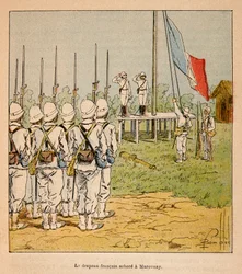 Madagaskarin sota - Henri Galli dit Galllichetin (1854-1922) ranskalaisten tutkimusretkien anekdoottinen historia, kuvittanut Louis Bombled (1862-1927): Ranskan lippu kelluu Marovoayssa vuonna 1895, yksityinen kokoelma