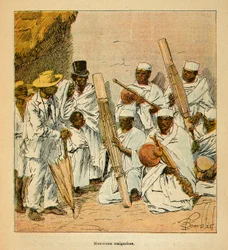Madagaskarin sota - Henri Galli dit Galllichetin (1854-1922) ranskalaisten tutkimusretkien anekdoottinen historia, kuvittanut Louis Bombled (1862-1927): Madagaskarin muusikot 1800-luvulla, yksityinen kokoelma