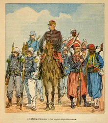 Madagaskarin sota - Henri Galli dit Galllichet (1854-1922) ranskalaisten retkikuntien anekdoottinen historia vuosien 1885-1895, kuvittanut Louis Bombled (1862-1927): Kenraali Duchesne Madagaskarin retkikuntajoukkojen kanssa, yksityinen kokoelma