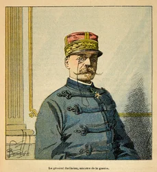 Madagaskarin sota - Henri Galli dit Galllichet (1854-1922) ranskalaisten tutkimusretkien anekdoottinen historia, kuvittanut Louis Bombled (1862-1927): Ministerin kenraali Emile Auguste Francois Zurlindenin (1837-1929) muotokuva of War, sotamies C