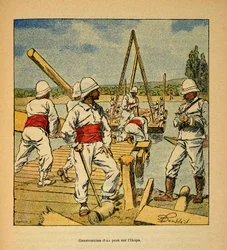 Madagaskarin sota - Henri Galli dit Galllichetin (1854-1922) ranskalaisten tutkimusretkien anekdoottinen historia, kuvittaja Louis Bombled (1862-1927): Genien rakentama silta Ikopa-joelle vuonna 1895, Yksityinen kokoelma