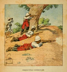 Madagaskarin sota - Henri Galli dit Galllichet (1854-1922) ranskalaisten tutkimusmatkojen anekdoottinen historia, kuvittanut Louis Bombled (1862-1927): Afrikan metsästäjät taistelevat jalan Madagaskarilla vuonna 1895, yksityinen kokoelma