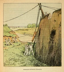 Madagaskarin sota - Henri Galli dit Galllichetin (1854-1922) ranskalaisten tutkimusmatkojen anekdoottinen historia, kuvittanut Louis Bombled (1862-1927): Ranskan joukkojen aseistaminen Tamataven linnakkeessa vuonna 1895, yksityinen kokoelma