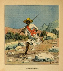 Madagaskarin sota - Henri Galli dit Galllichetin (1854-1922) ranskalaisten tutkimusretkien anekdoottinen historia, kuvittanut Louis Bombled (1862-1927): Kuriiri kuningatar Ranavalonalta vuonna 1895, yksityinen kokoelma