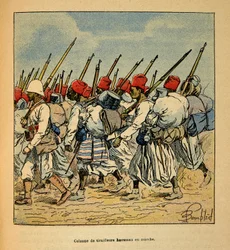 Madagaskarin sota - Henri Galli dit Galllichetin (1854-1922) ranskalaisten tutkimusretkien anekdoottinen historia, kuvittaja Louis Bombled (1862-1927): Haoussas Tirailleursin pylväs marssimassa vuonna 1895, yksityinen kokoelma