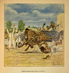 Madagaskarin sota - Henri Galli dit Galllichetin (1854-1922) ranskalaisten tutkimusretkien anekdoottinen historia, kuvittaja Louis Bombled (1862-1927): Boeufit autoilla Lefebvre, yksityinen kokoelma