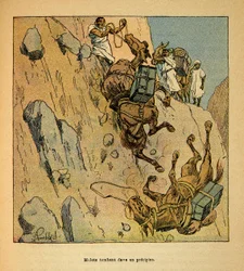 Madagaskarin sota - Henri Galli dit Galllichetin (1854-1922) ranskalaisten tutkimusretkien anekdoottinen historia, kuvittanut Louis Bombled (1862-1927): Sotilassaattueen muletit putoamassa jyrkänteeseen, Erityinen kokoelma