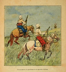 Madagaskarin sota - Henri Galli dit Galllichetin (1854-1922) ranskalaisten tutkimusmatkojen anekdoottinen historia, kuvittanut Louis Bombled (1862-1927): Santarmien ja metsästäjien tunnustaminen Afrikasta Madagaskarilla vuonna 1895, yksityinen kokoelma