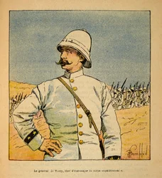 Madagaskarin sota - Henri Galli dit Galllichetin (1854-1922) ranskalaisten tutkimusretkien anekdoottinen historia, kuvittanut Louis Bombled (1862-1927): Esikuntapäällikön kenraali De Torcyn (1844-1918) muotokuva Expeditionary Force Madagissa