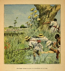 Madagaskarin sota - Henri Galli dit Galllichetin (1854-1922) ranskalaisten tutkimusretkien anekdoottinen historia, kuvittanut Louis Bombled (1862-1927): Hovas Tirailleurs hyökkäämässä armeijan tienrakennusta vastaan vuonna 1895, yksityinen kokoelma