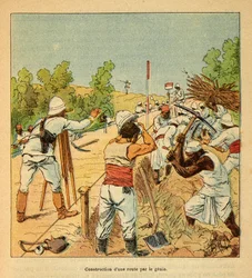 Madagaskarin sota - Henri Galli dit Galllichetin (1854-1922) ranskalaisten tutkimusretkien anekdoottinen historia, kuvittaja Louis Bombled (1862-1927): Genien tien rakentaminen Madagaskarille vuonna 1895, yksityinen kokoelma