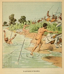 Madagaskarin sota - Ranskan sotaretkien historia 1885-1895, kirjoittanut Henri Galli dit Galllichet (1854-1922), kuvittanut Louis Bombled (1862-1927): Sakalavesit hyökkäävät ranskalaisten neuvottelijoiden kimppuun Marosakossa vuonna 1895, yksityiskokoelma.