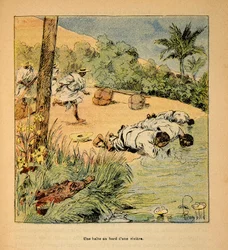 Madagaskarin sota - Henri Galli dit Galllichetin (1854-1922) ranskalaisten tutkimusmatkojen anekdoottinen historia, kuvittanut Louis Bombled (1862-1927): Pysähdys joen rannalla vuonna 1895, yksityinen kokoelma
