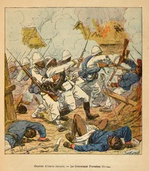 Madagaskarin sota - Henri Galli dit Galllichet (1854-1922) ranskalaisten tutkimusretkien anekdoottinen historia, kuvittanut Louis Bombled (1862-1927): Luutnantti Forestonin haavat Ambolomontyn taisteluissa vuonna 1895, yksityinen kokoelma