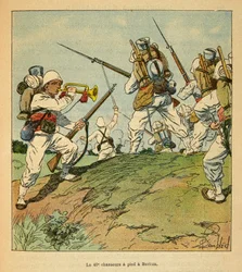 Madagaskarin sota - Henri Galli dit Galllichet (1854-1922) ranskalaisten tutkimusretkien anekdoottinen historia, kuvittanut Louis Bombled (1862-1927): 40. metsästäjät jalkaisin Beritzan taistelujen aikana vuonna 1895, Private Kokoelma