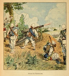 Madagaskarin sota - Henri Galli dit Galllichetin (1854-1922) ranskalaisten tutkimusretkien anekdoottinen historia, kuvittanut Louis Bombled (1862-1927): Tsarasaotran puolustus vuonna 1895, yksityinen kokoelma