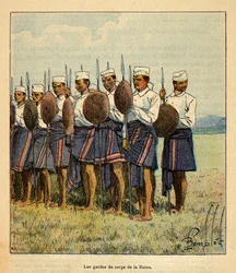 Madagaskarin sota - Henri Galli dit Galllichetin (1854-1922) ranskalaisten tutkimusretkien anekdoottinen historia, kuvittaja Louis Bombled (1862-1927): Kuningatar Ranavalonan vartijat, yksityinen kokoelma