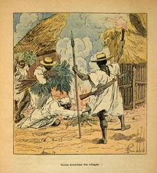 Madagaskarin sota - Henri Galli dit Galllichetin (1854-1922) ranskalaisten tutkimusretkien anekdoottinen historia, kuvittaja Louis Bombled (1862-1927): Hovasin palavia kyliä, yksityinen kokoelma