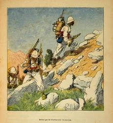Madagaskarin sota - Henri Galli dit Galllichetin (1854-1922) ranskalaisten tutkimusretkien anekdoottinen historia, kuvittanut Louis Bombled (1862-1927): Jalkaväen avantgarde Madagaskarilla vuonna 1895, yksityinen kokoelma