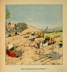 Madagaskarin sota - Henri Galli dit Galllichetin (1854-1922) ranskalaisten retkikuntien vuosien 1885-1895 anekdoottinen historia, kuvittaja Louis Bombled (1862-1927): Hovas-ryhmän juoksuhautoja matkalla Tannariveen vuonna 1895, yksityinen kokoelma