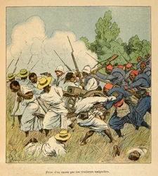 Madagaskarin sota - Henri Galli dit Galllichetin (1854-1922) ranskalaisten tutkimusmatkojen vuosien 1885-1895 anekdoottinen historia, kuvannut Louis Bombled (1862-1927): Madagaskari tarttui tykkiin Ambolomontyn taistelujen aikana vuonna 1895, Private Colle