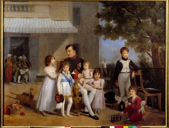 Keisari Napoleon I (1769-1821) perheensä lasten ympäröimänä Saint Cloudin linnan terassilla vuonna 1810 Louis Ducisin (1775-1847) maalaus 1810 su. 1,05x1,43 m