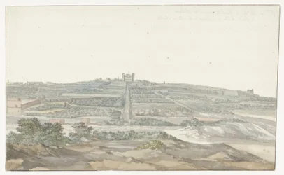 Näkymä Vedala-suurmestarin palatsille, joka sijaitsee Boschettossa Maltalla Vue de Boschetto, maison de plaisance du Grand-Maître, à 2 lieus de la ville de Malthe (otsikko esineessä) Voyage en Italy ja Sicile et à Malte - 1778 (sarjan nimi)
