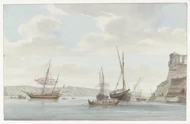 Tuinhuis van de Jardin du Grand Master uittorend boven de haven met galei schepen op Malta Pavillon du Jardin du Grand-Maître, vastapäätä Port des Galèresia Malthessa (otsikko esineessä) Matkat Italiassa, Sisiliassa ja Maltassa - 1778 (sarjan nimi)