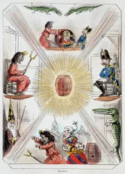 Le tonneau - litografia, teoksesta Theatre des marionnettes du jardin des Tuileries, teksti ja piirros Louis Edmond Duranty (1833-1880), Pariisi.