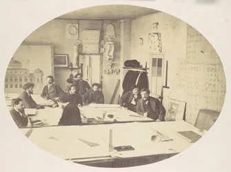 [Charles Garnier suunnitteluhuoneessa uutta Pariisin oopperaa suunniteltaessa], n. 1870.
