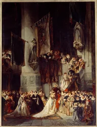 Seremonia Delftin kirkossa. Maalaus, joka kuvaa häitä Hollannissa 1500-luvulla. Louis Gabriel Eugene Isabeyn (1803-1886) maalaus