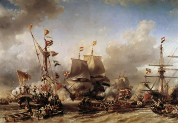 Englannin-Hollannin sota: "" Hollannin amiraali Michel Adrien Ruyterin (1607-1676) ja William de Wittin maihinnousu Texelin taisteluun"" Louis Gabriel Eugene Isabeyn (1803-1886) maalaus 1800-luvun Toulon, laivastomuseo
